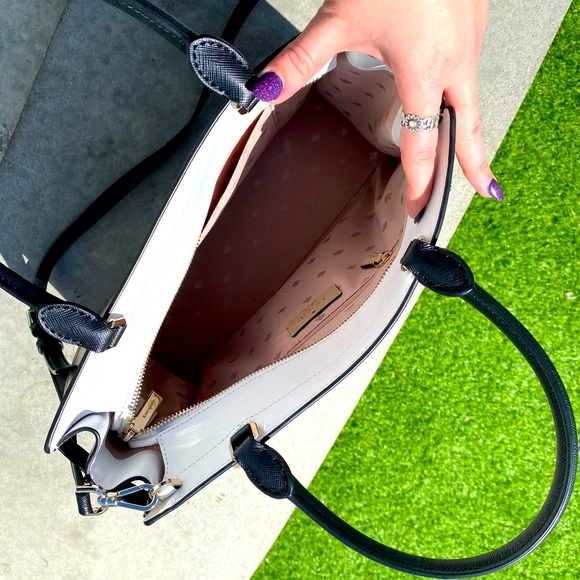 Kate Spade Silver Logo Leather Beige Black & White Tote Crossbody Satchel - Picture 6 of 16